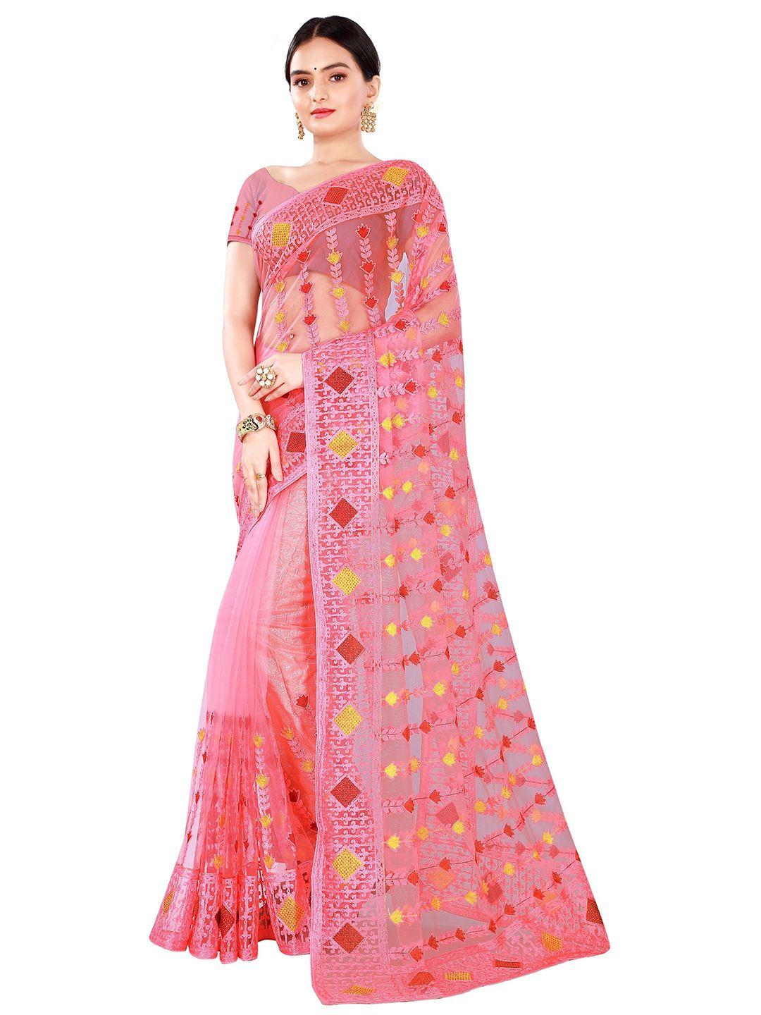 nimayaa pink & gold-toned floral beads and stones embroidered net saree