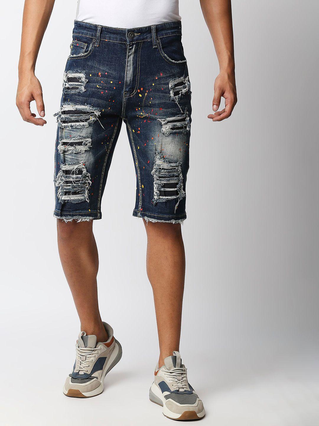 waimea men blue washed printed skinny fit outdoor denim shorts