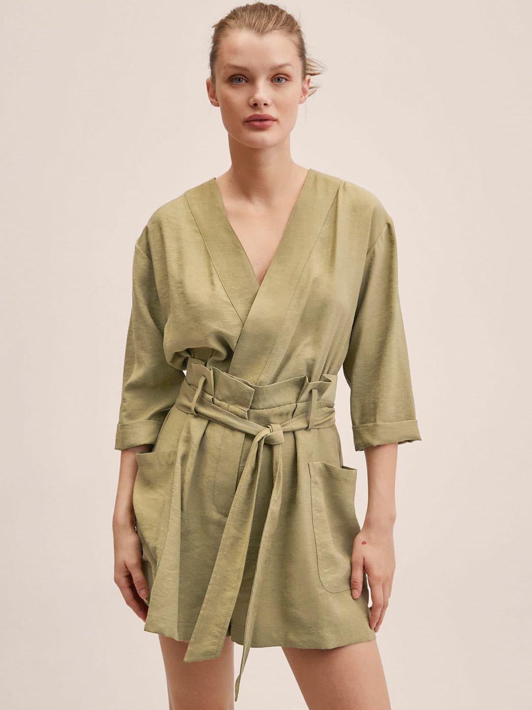 mango women olive green solid playsuit comes with a belt