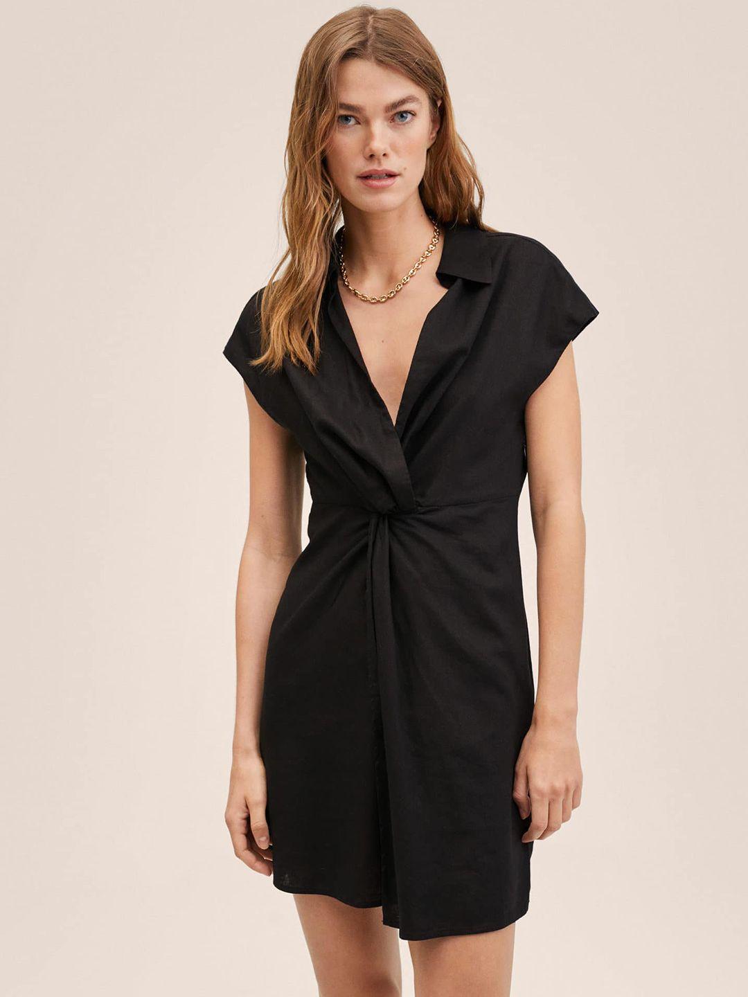 mango women black solid shirt collar wrap dress