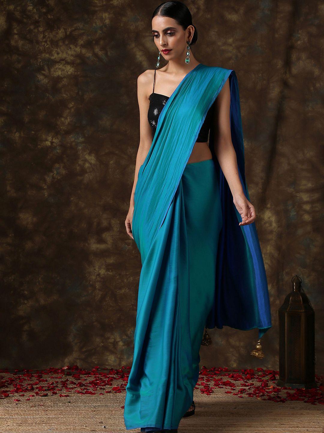 swtantra teal blue solid satin saree