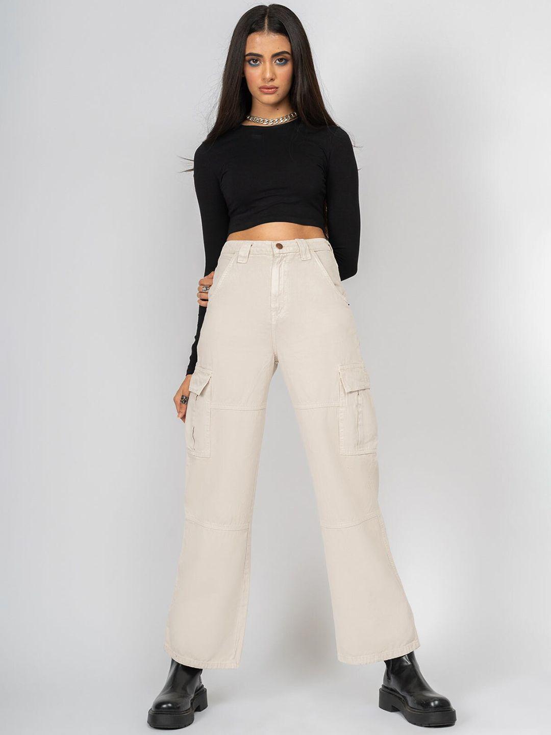 freakins women classic beige high-rise straight fit cropped jeans