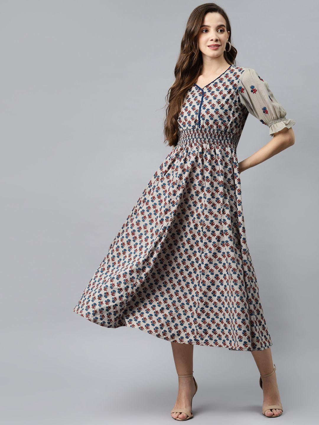 hatheli grey & blue ethnic motifs puff sleeves cotton ethnic midi dress