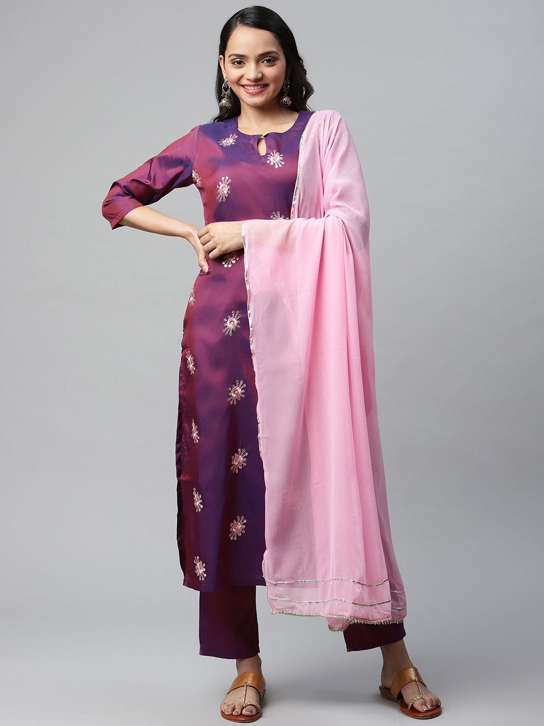 v tradition women purple floral embroidered kurta with palazzos & with dupatta