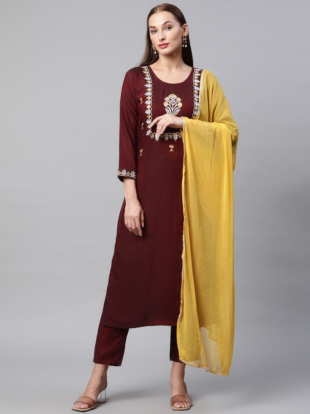 v tradition women maroon floral yoke design kurta with trousers & with dupatta