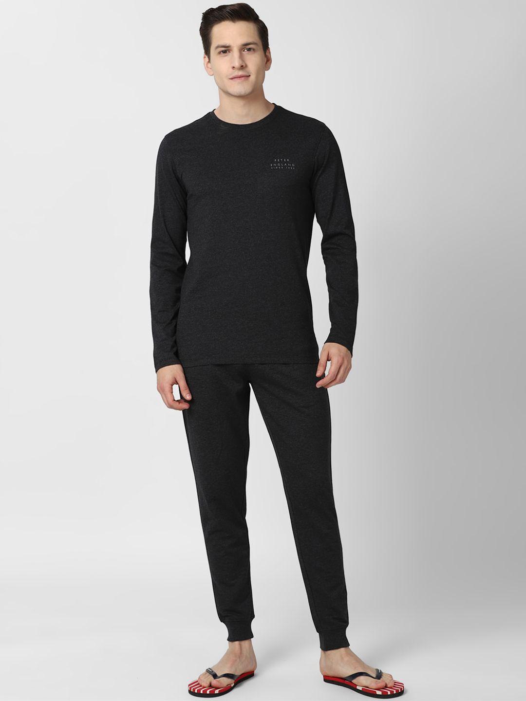 peter england men black solid t-shirt & joggers