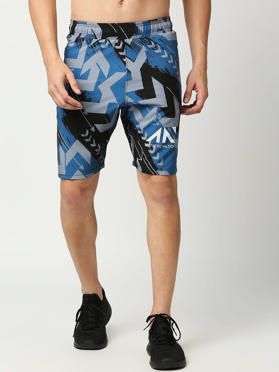 aesthetic nation men blue printed slim fit training or gym sports shorts