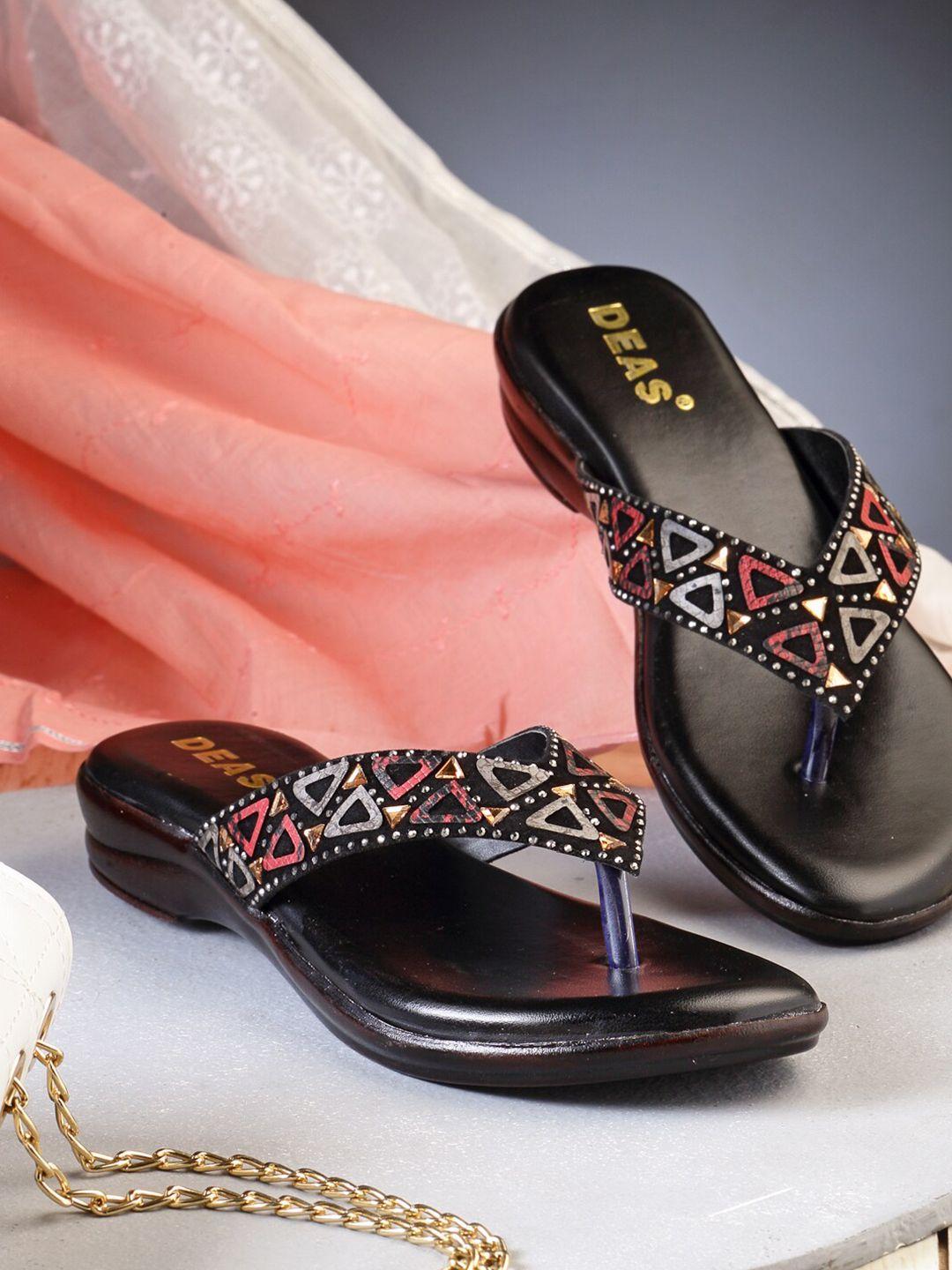 deas black & beige ethnic embellished comfort heels