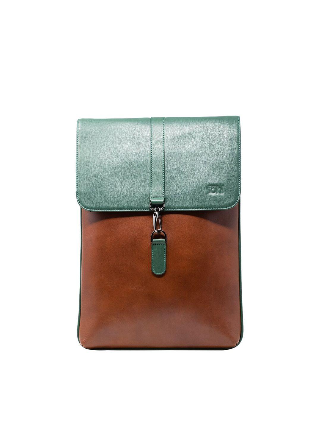 tohl unisex green & brown leather laptop bag