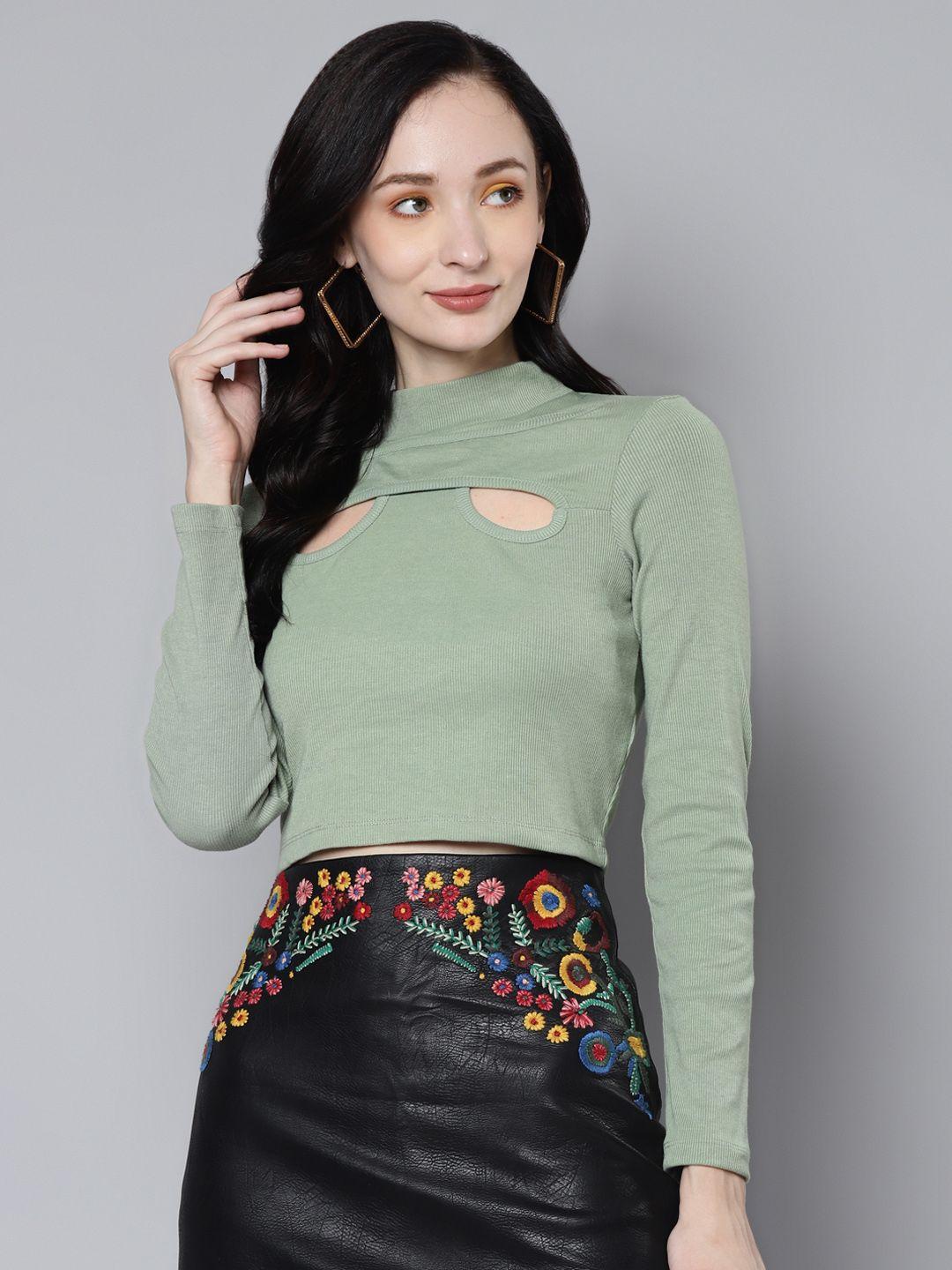 sassafras green front cut out neck crop top