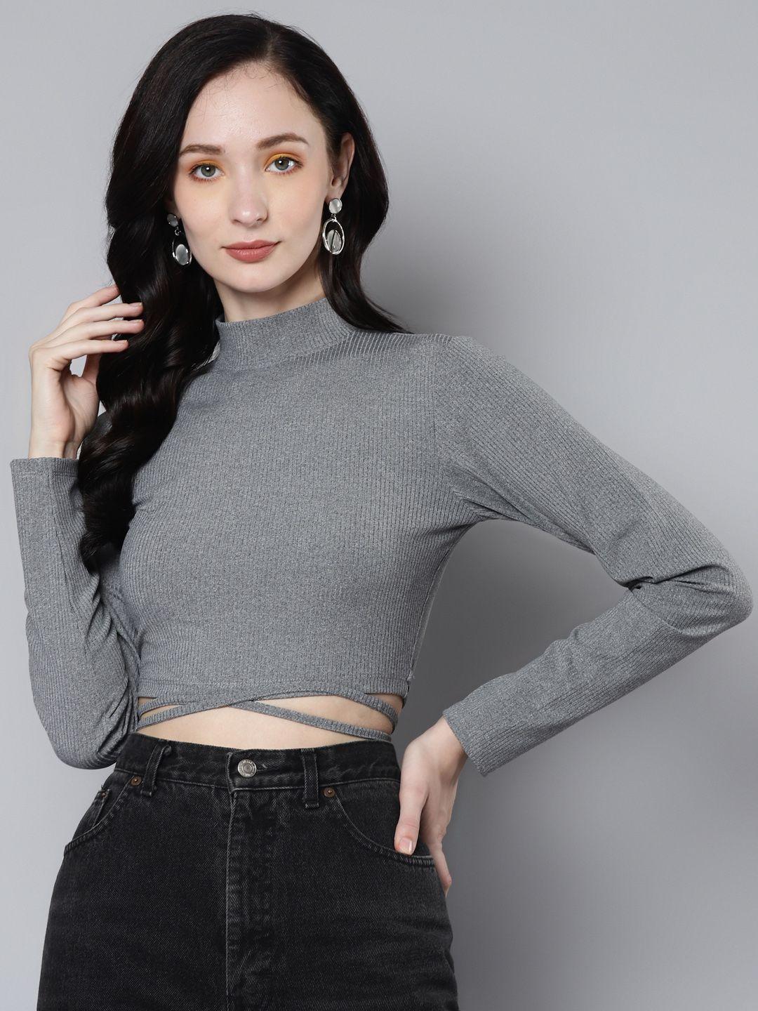 sassafras grey high neck waist tie-up rib crop top