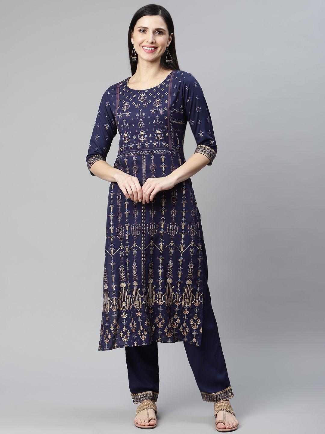 silver stock navy blue ethnic motifs printed kurta with palazzos