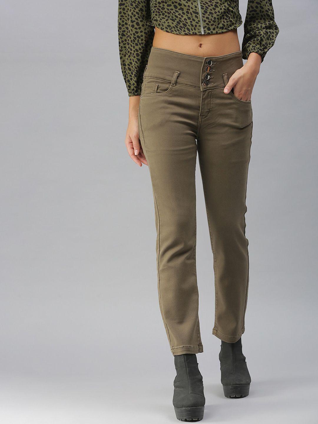 showoff women khaki high-rise stretchable jeans