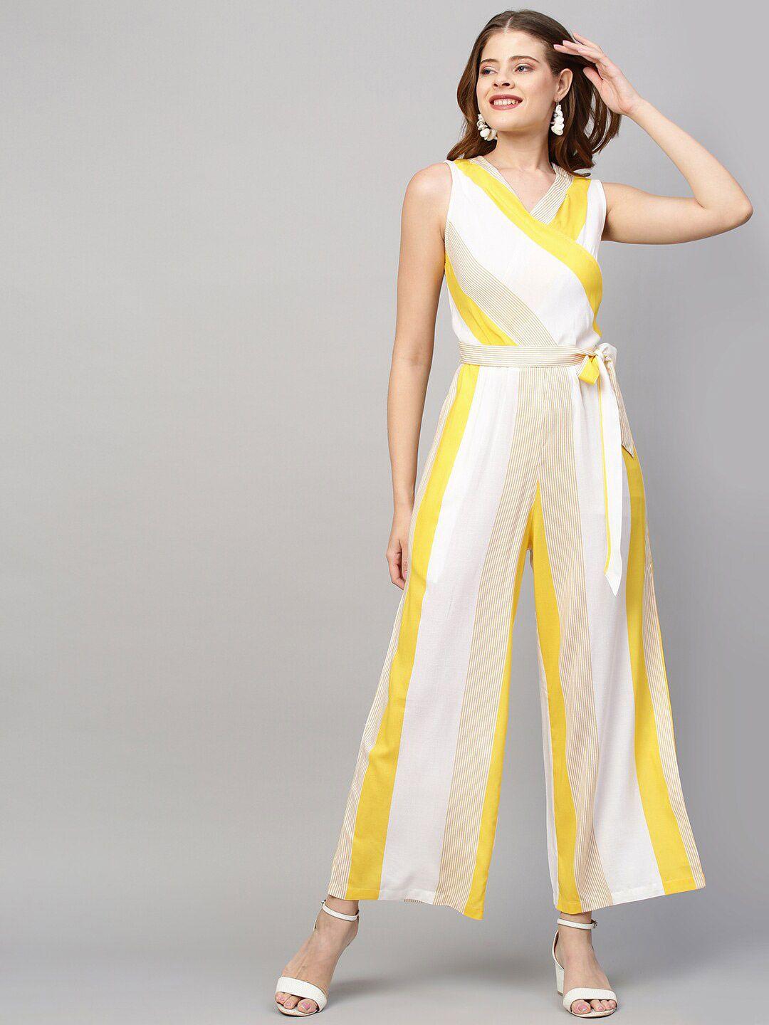 fashor white & yellow striped v neck jumpsuit