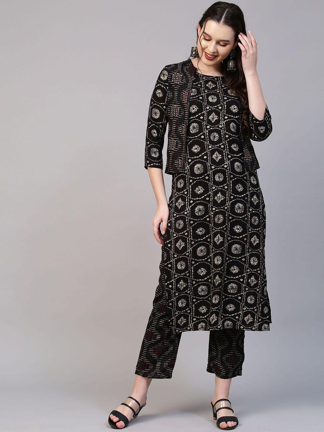 fashor women black ethnic motifs printed kurti with trousers