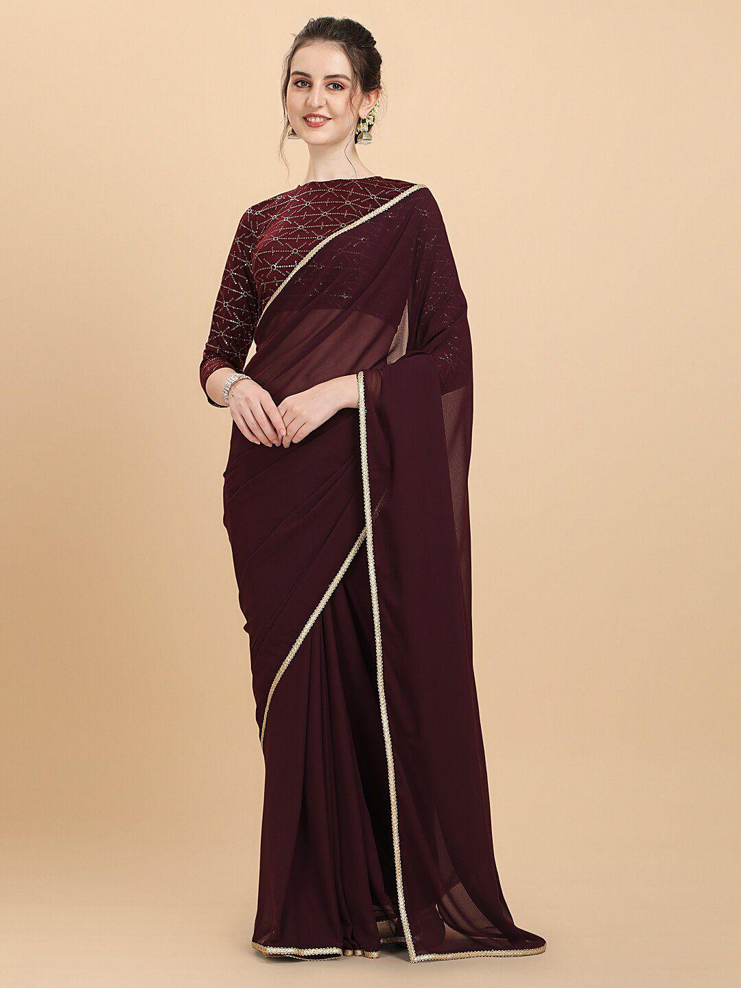 inddus women wine embroidered georgette saree with net blouse piece