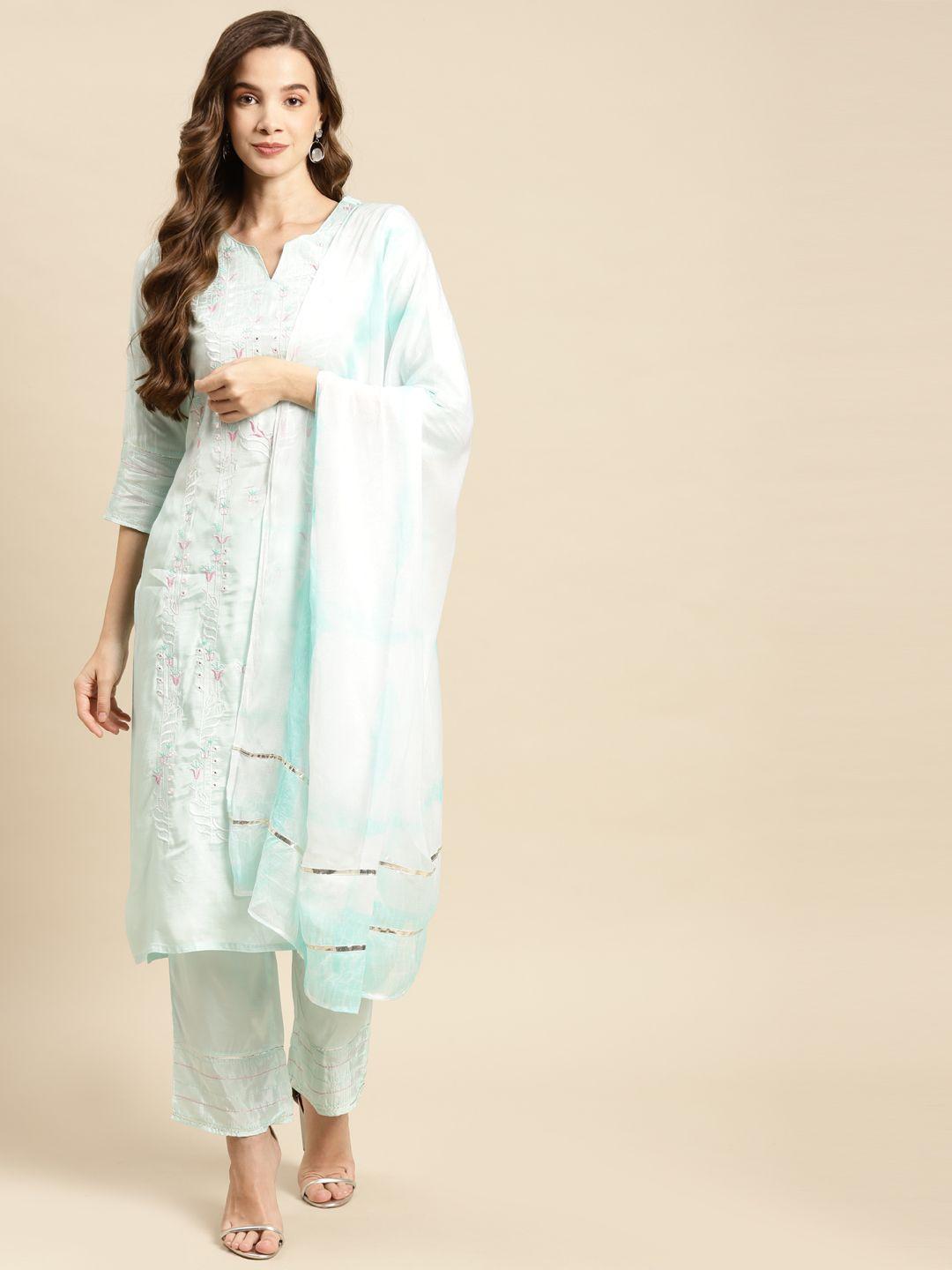 prakhya women sea green embroidered mirror work kurta with trousers & dupatta