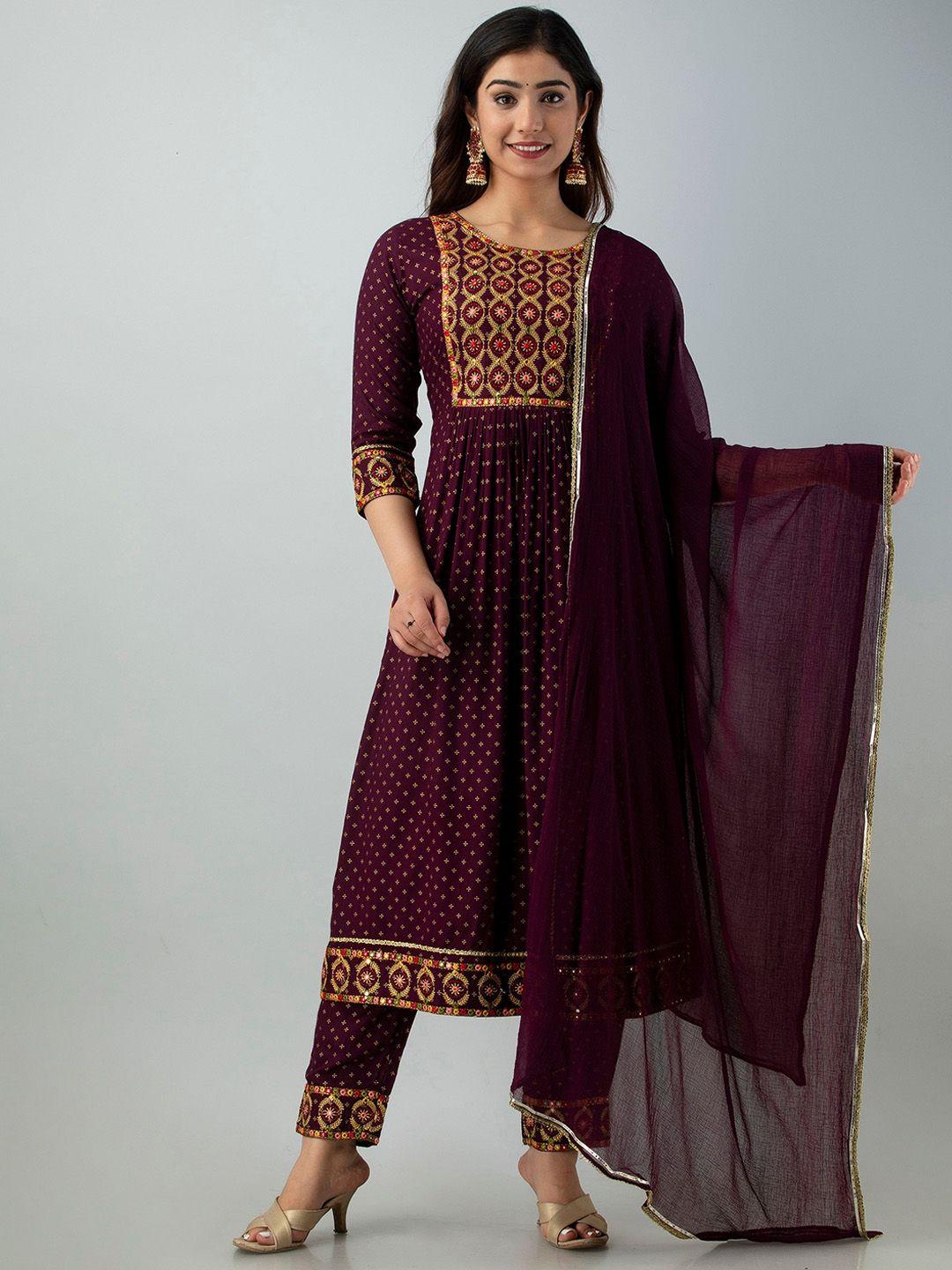 charu women violet yoke design kurta with trousers & with dupatta