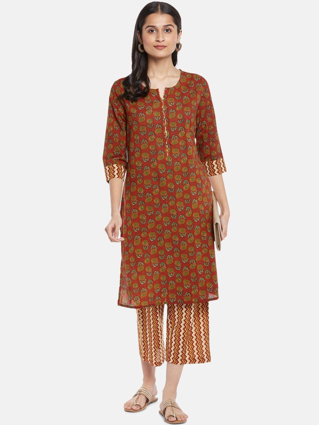 rangmanch by pantaloons women rust printed pure cotton kurta with trousers