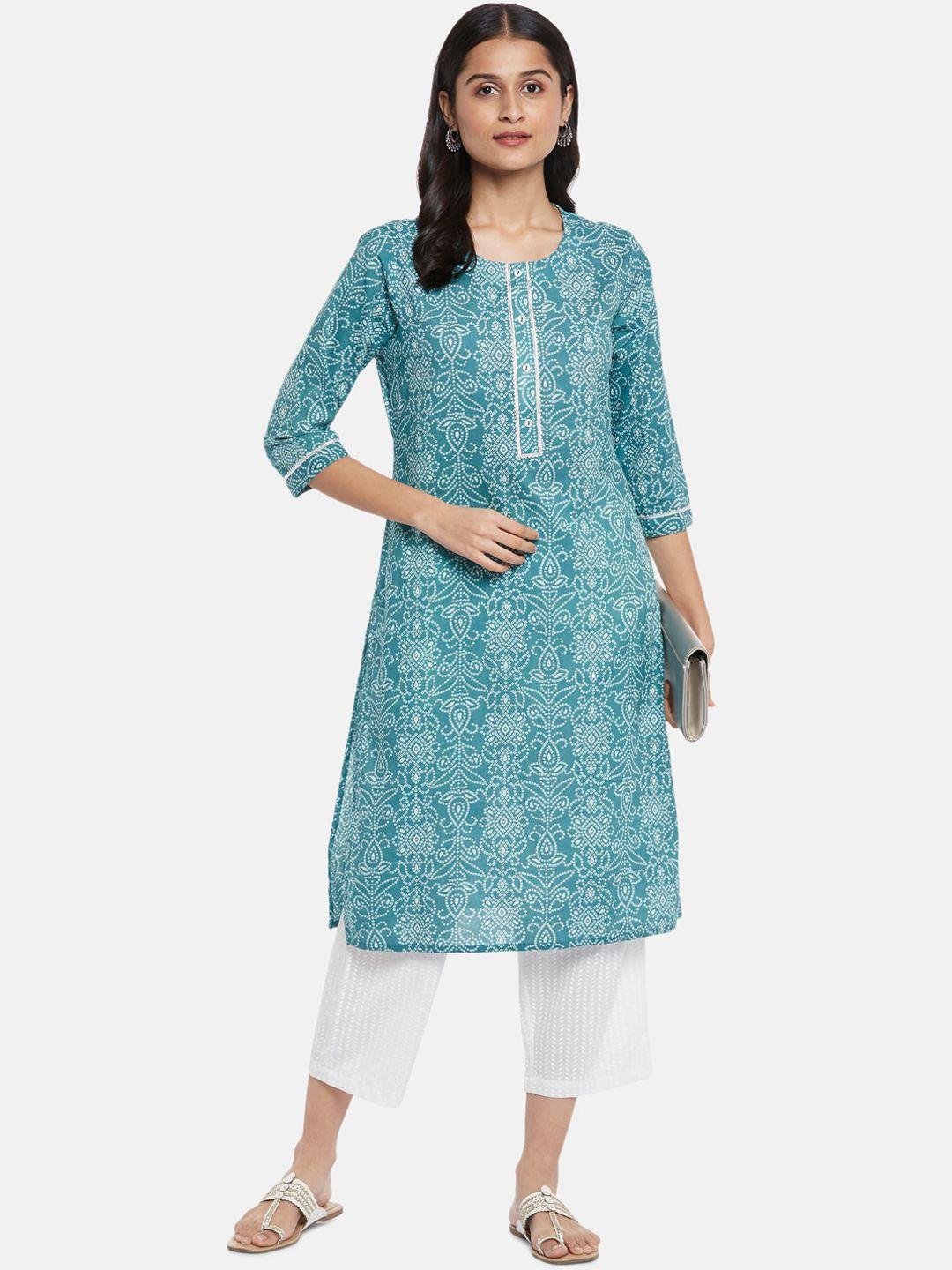 rangmanch by pantaloons women turquoise blue printed pure cotton kurti with trousers