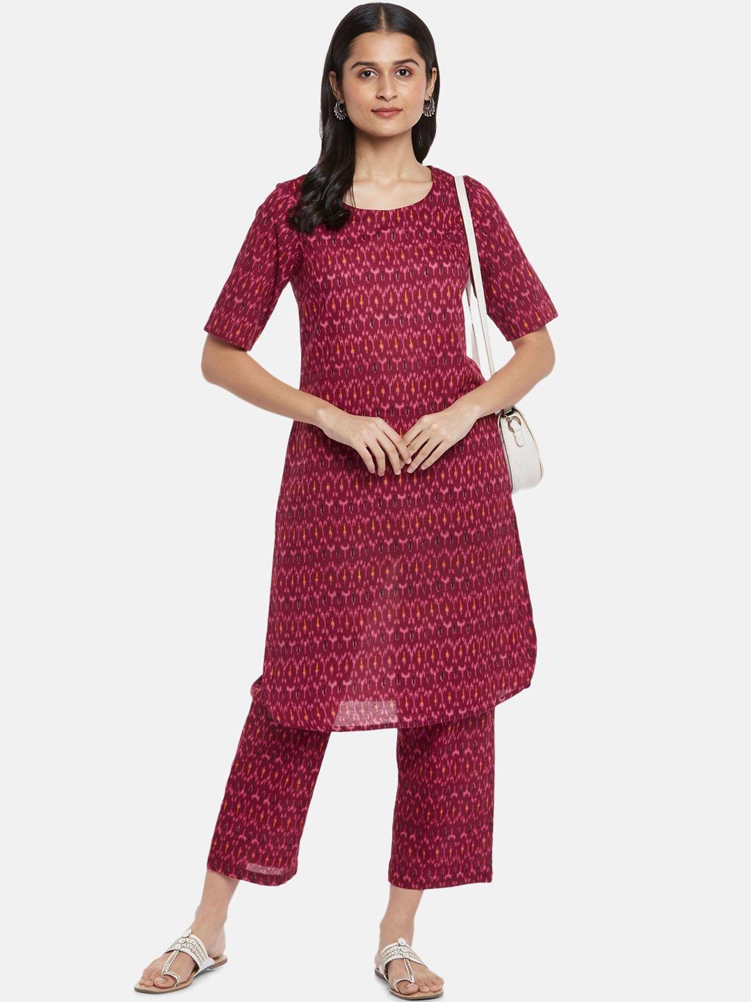 rangmanch by pantaloons women maroon printed pure cotton kurti with trousers