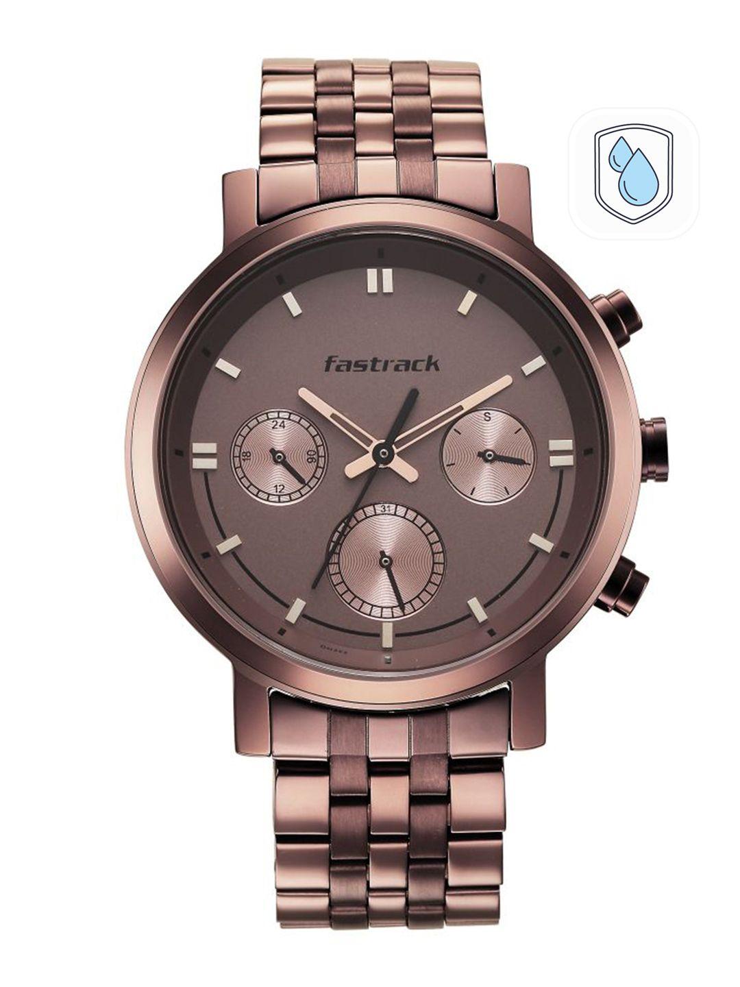 fastrack men brown brass dial & brown straps analogue watch 3287qm01