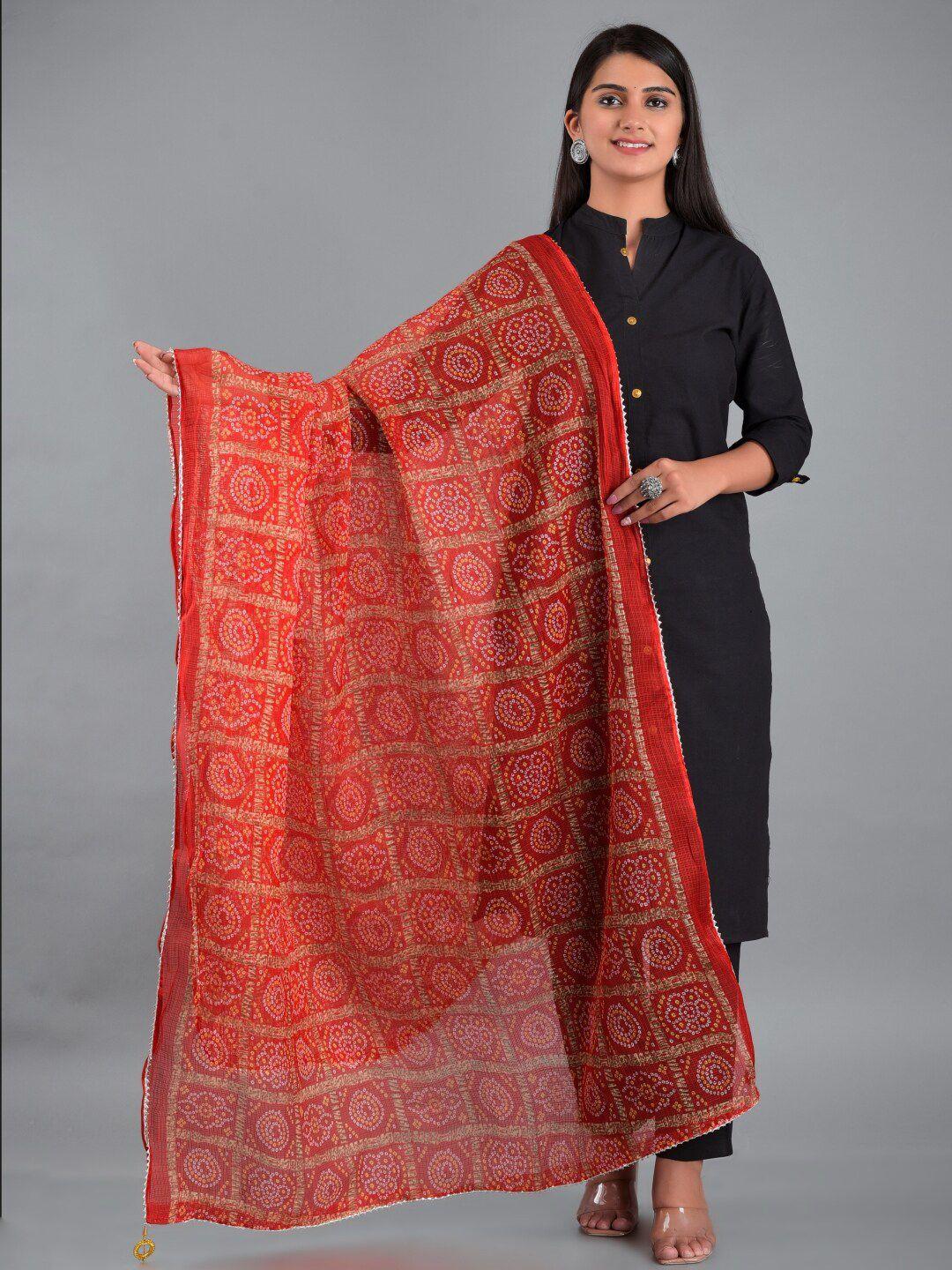 apratim women red & white printed bandhani dupatta