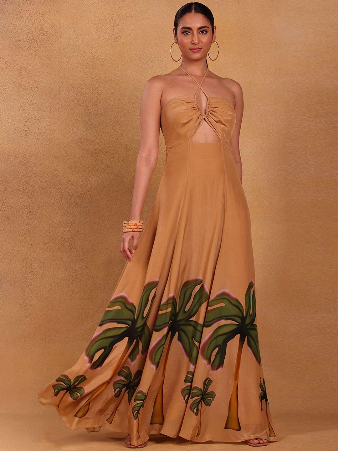 masaba tan brown tropical crepe maxi dress