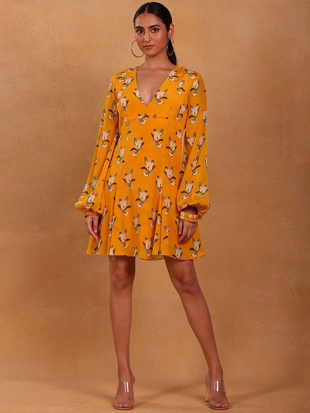 masaba mustard yellow floral crepe dress