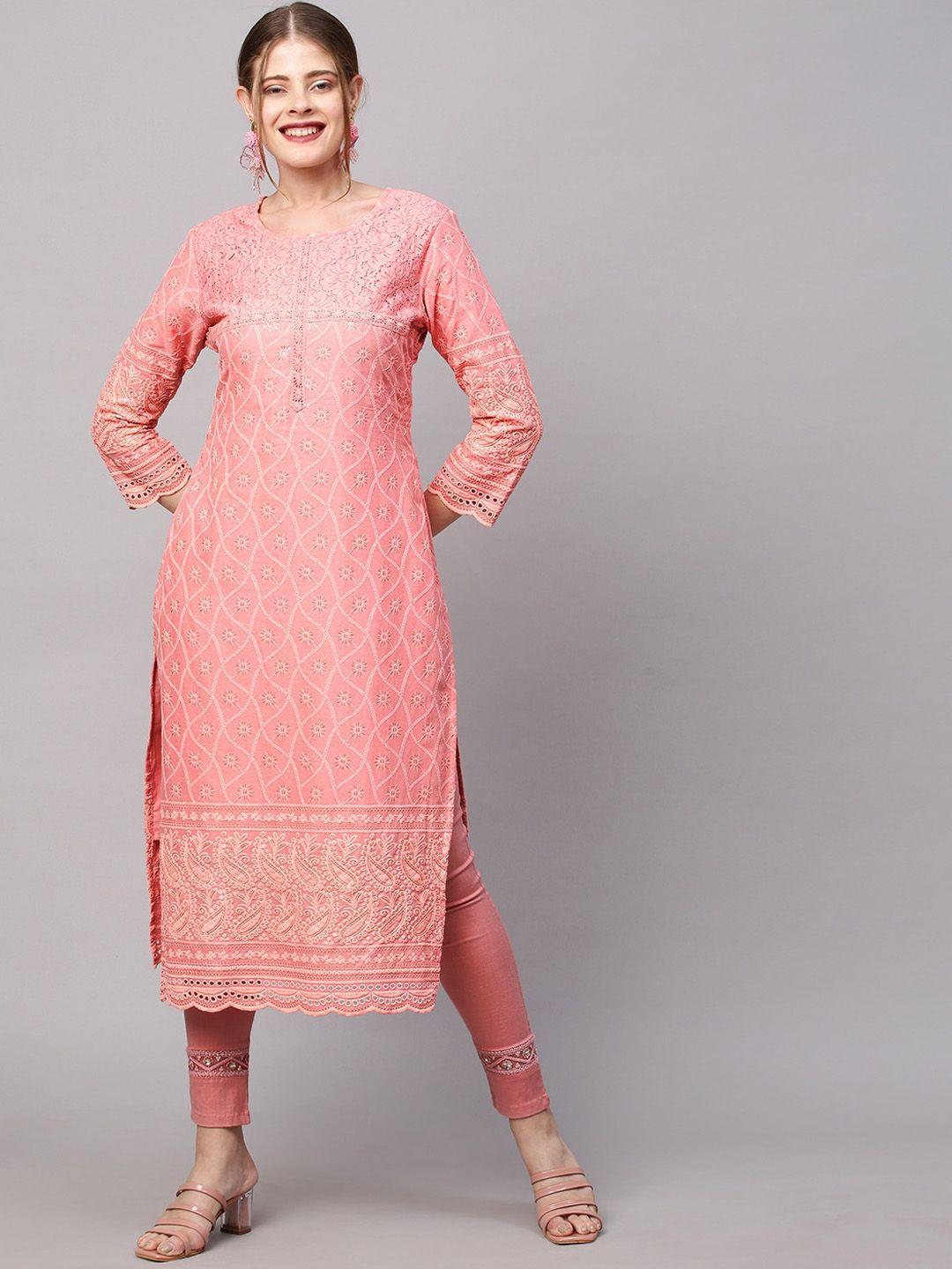 fashor women peach-coloured ethnic motifs embroidered kurta