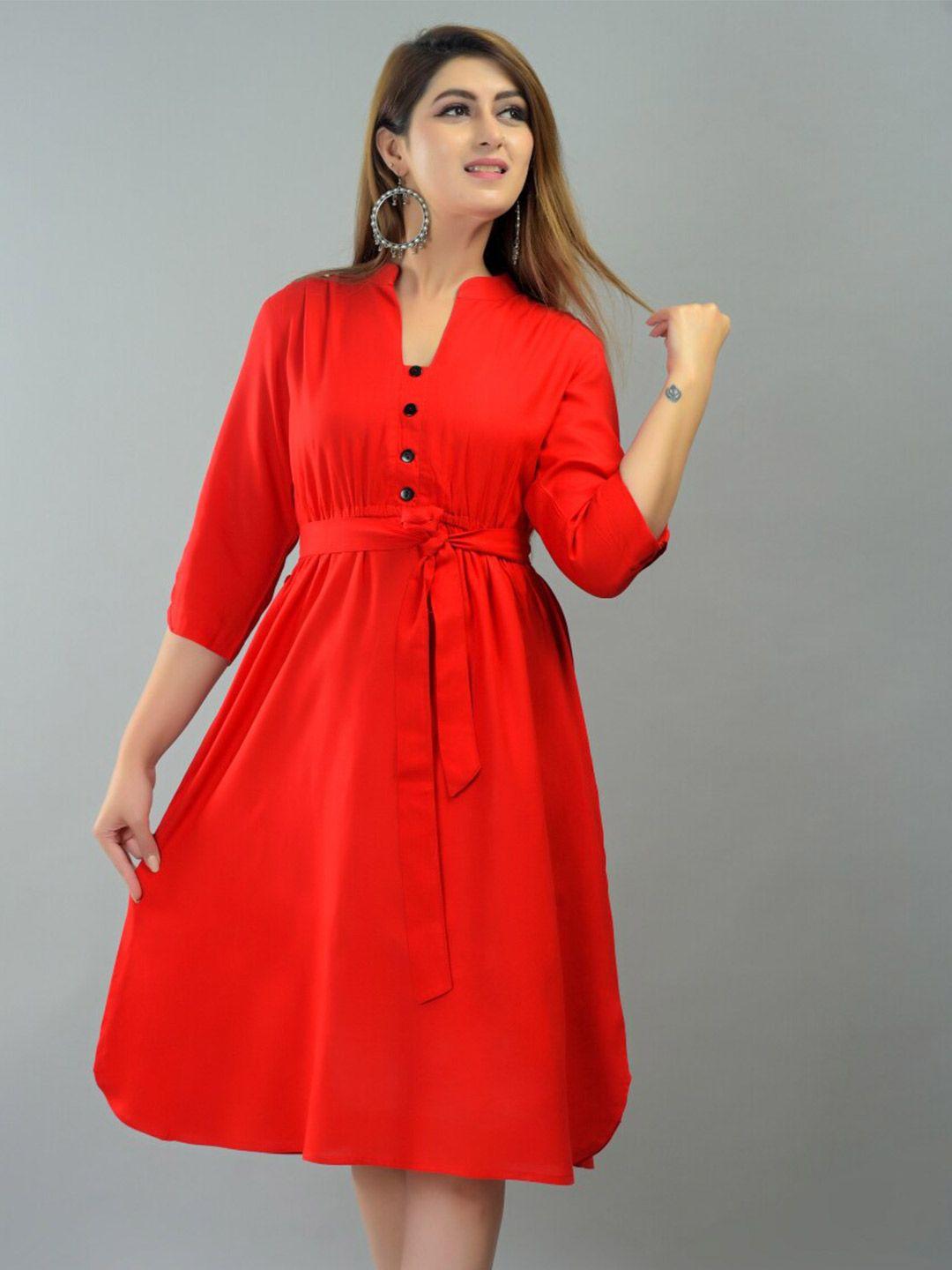 iqraar red rayon midi fit and flare dress