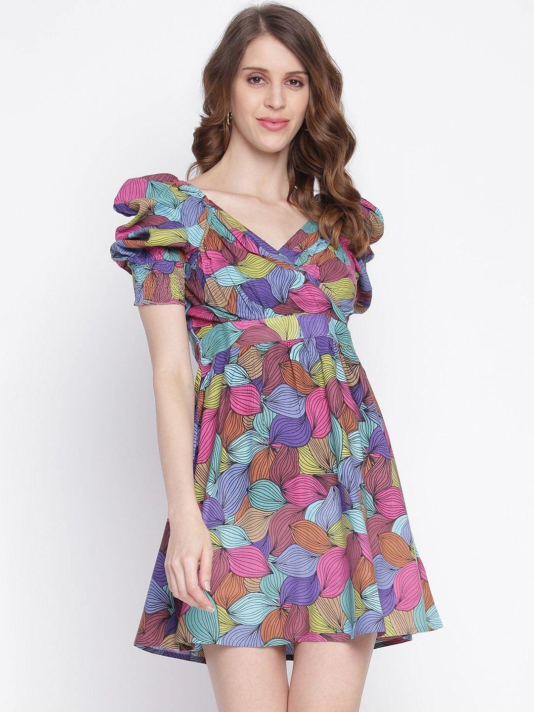 iqraar purple & blue printed rayon empire mini dress