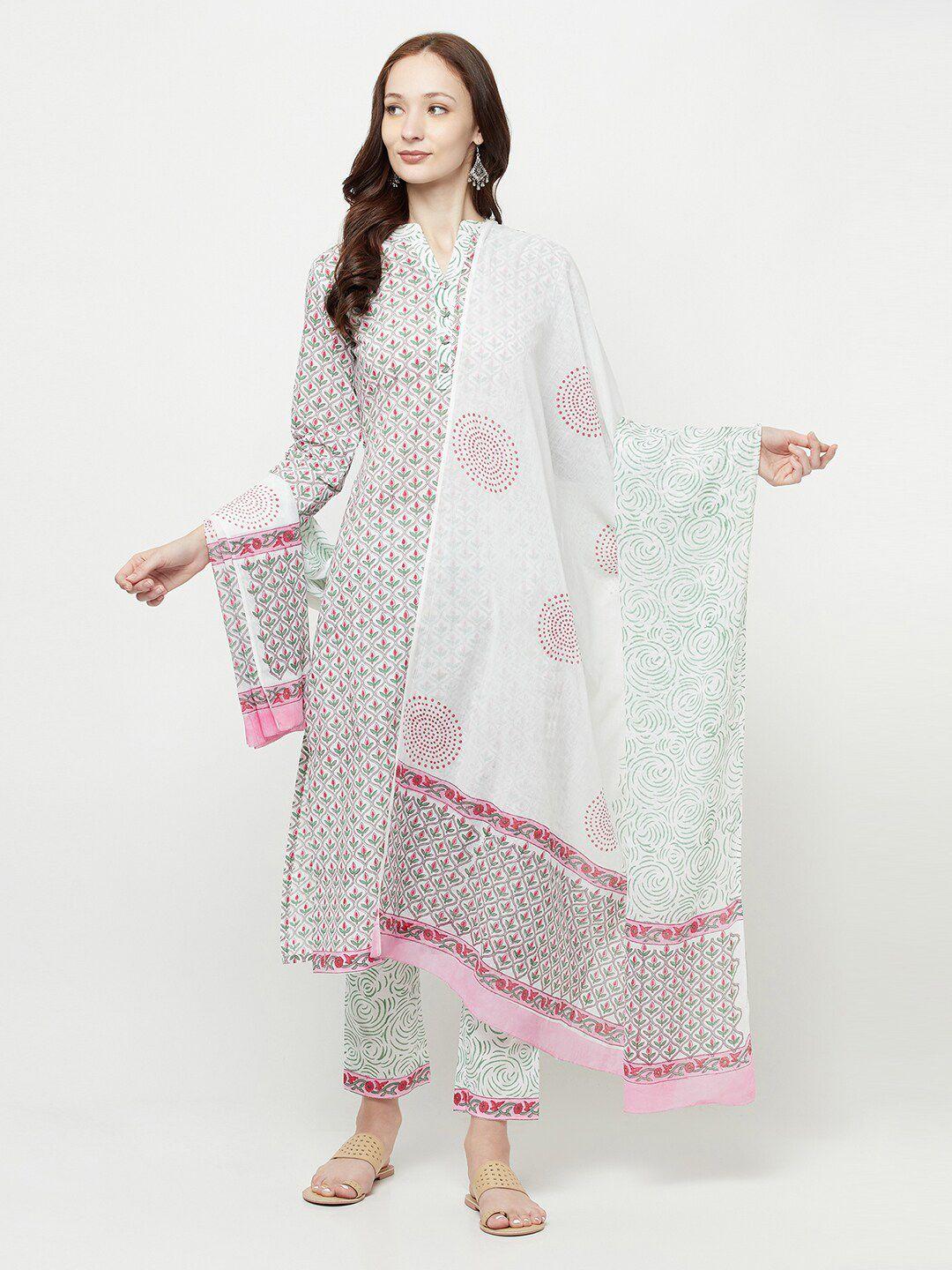 safaa white & green printed unstitched dress material