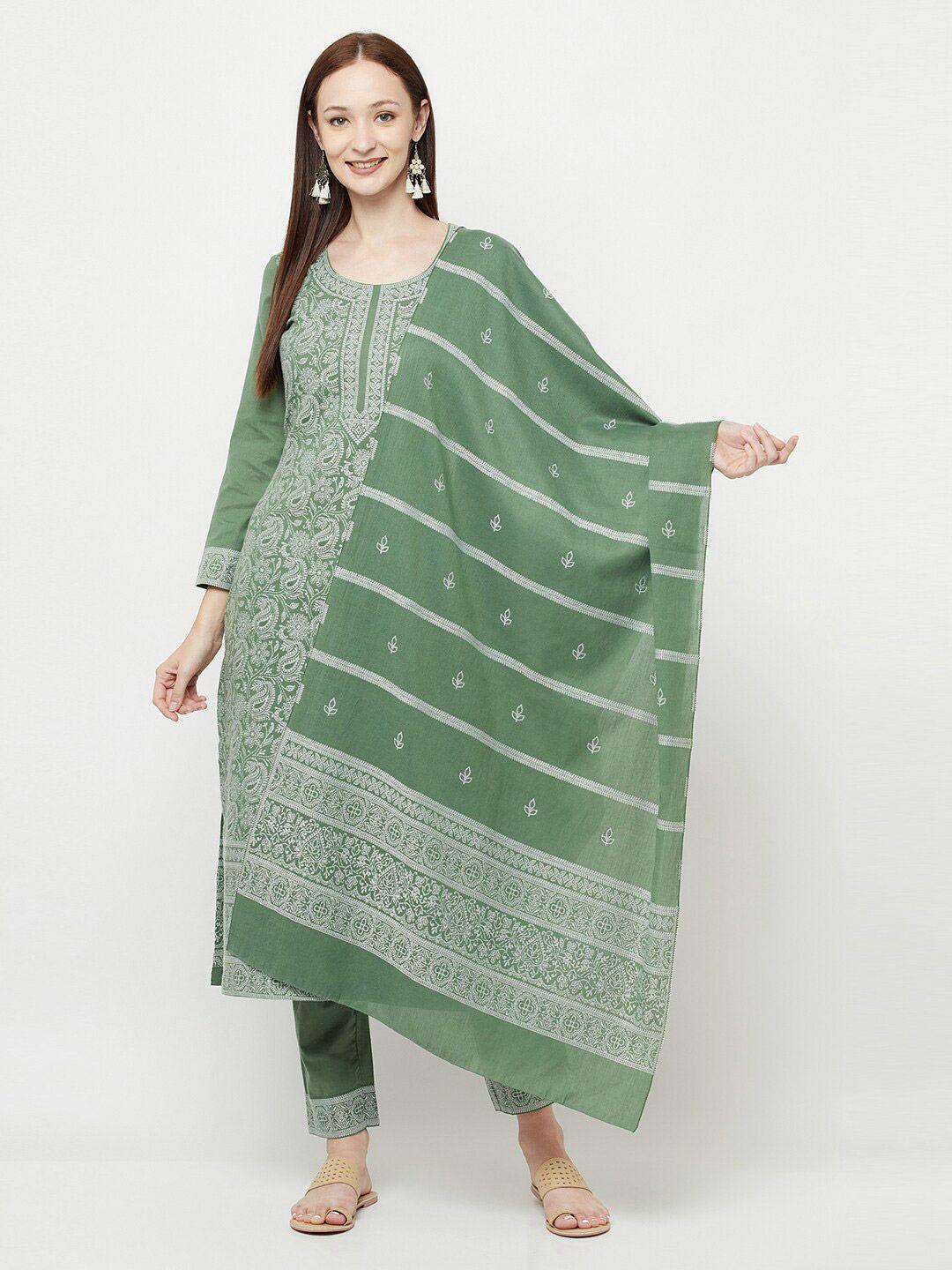 safaa green & white unstitched dress material