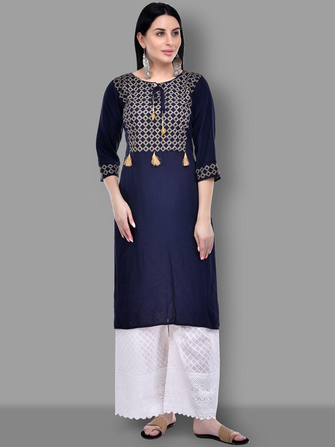 ziva fashion women blue geometric yoke design flared sleeves mirror work kurta