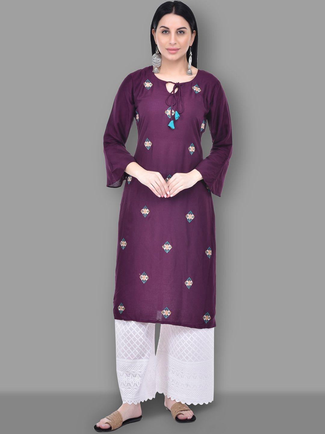 ziva fashion women purple embroidered keyhole neck thread work kurta