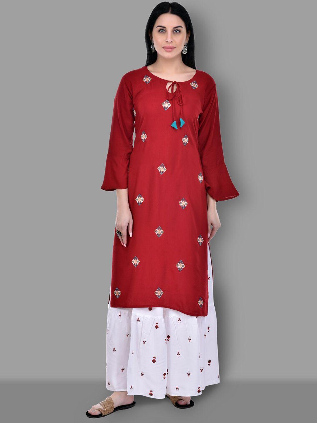 ziva fashion women red geometric embroidered keyhole neck thread work kurta