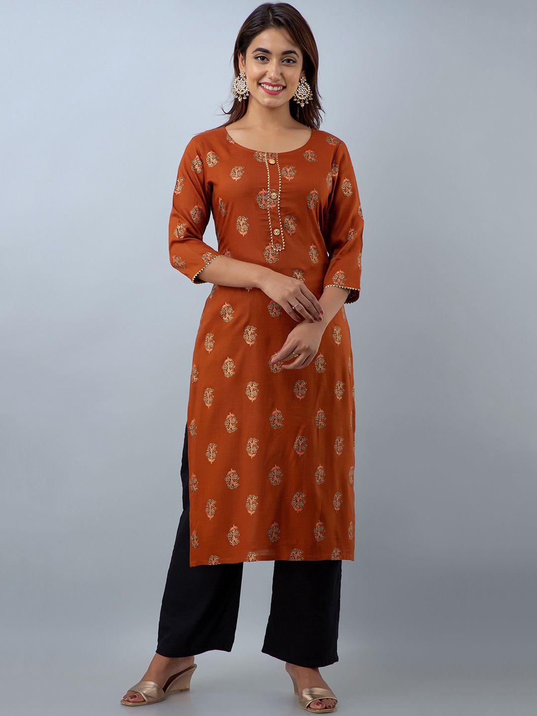 doriya women brown ethnic motifs printed kurta with palazzos