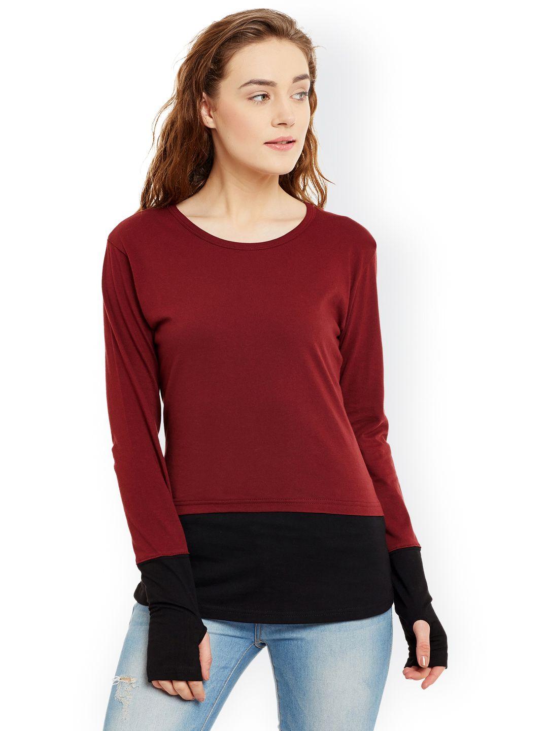 hypernation women maroon & black colourblocked slim fit t-shirt