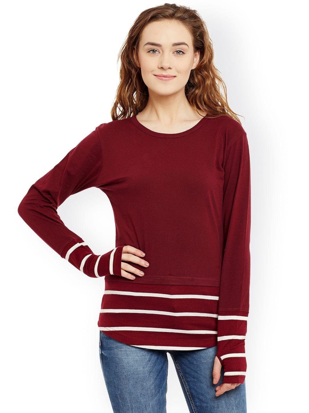 hypernation women maroon solid slim fit round neck t-shirt