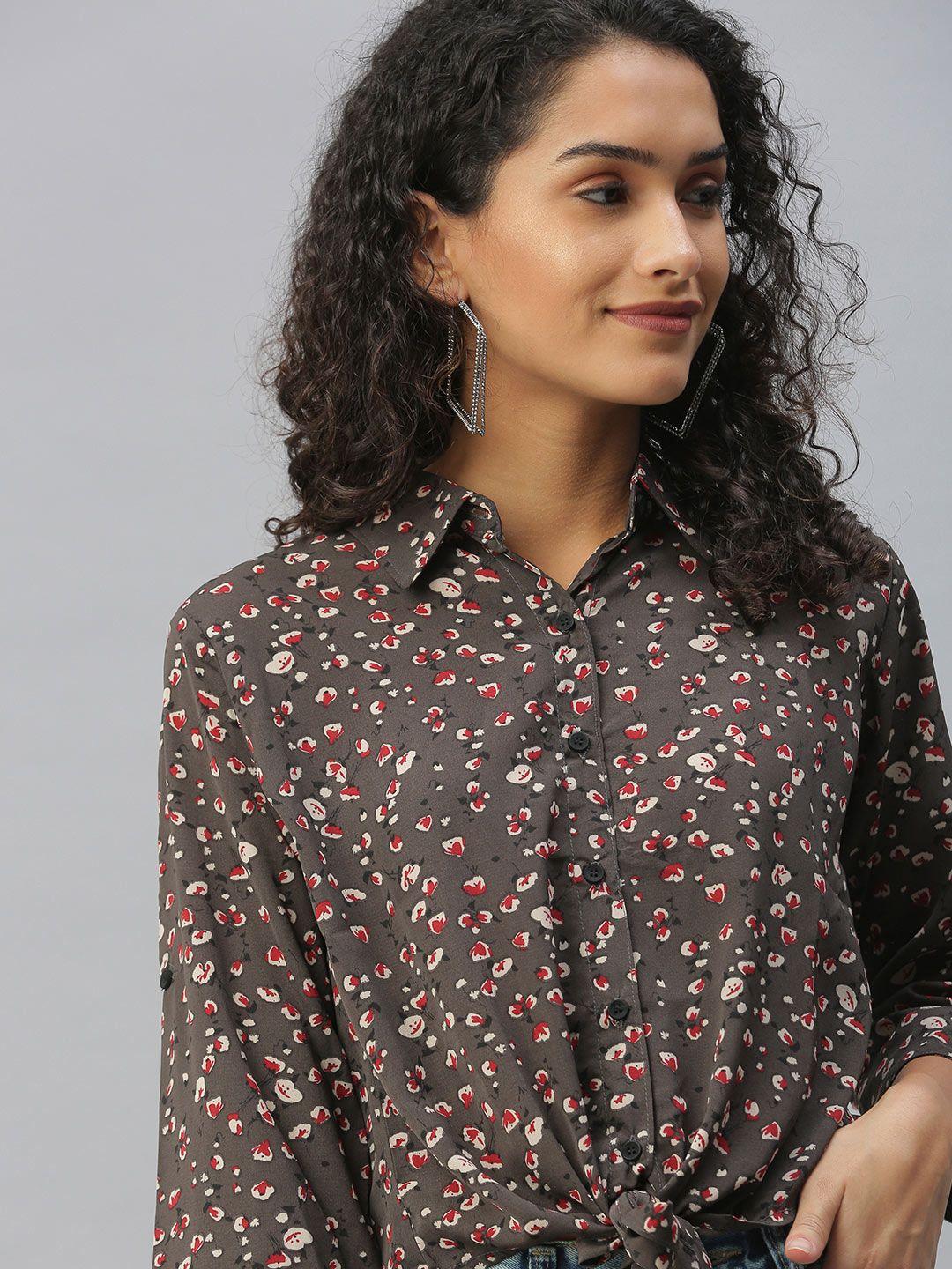 showoff women brown comfort floral semi sheer printed casual shirt