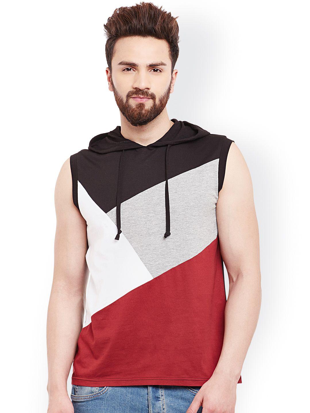 gritstones men black & maroon colourblocked hooded t-shirt