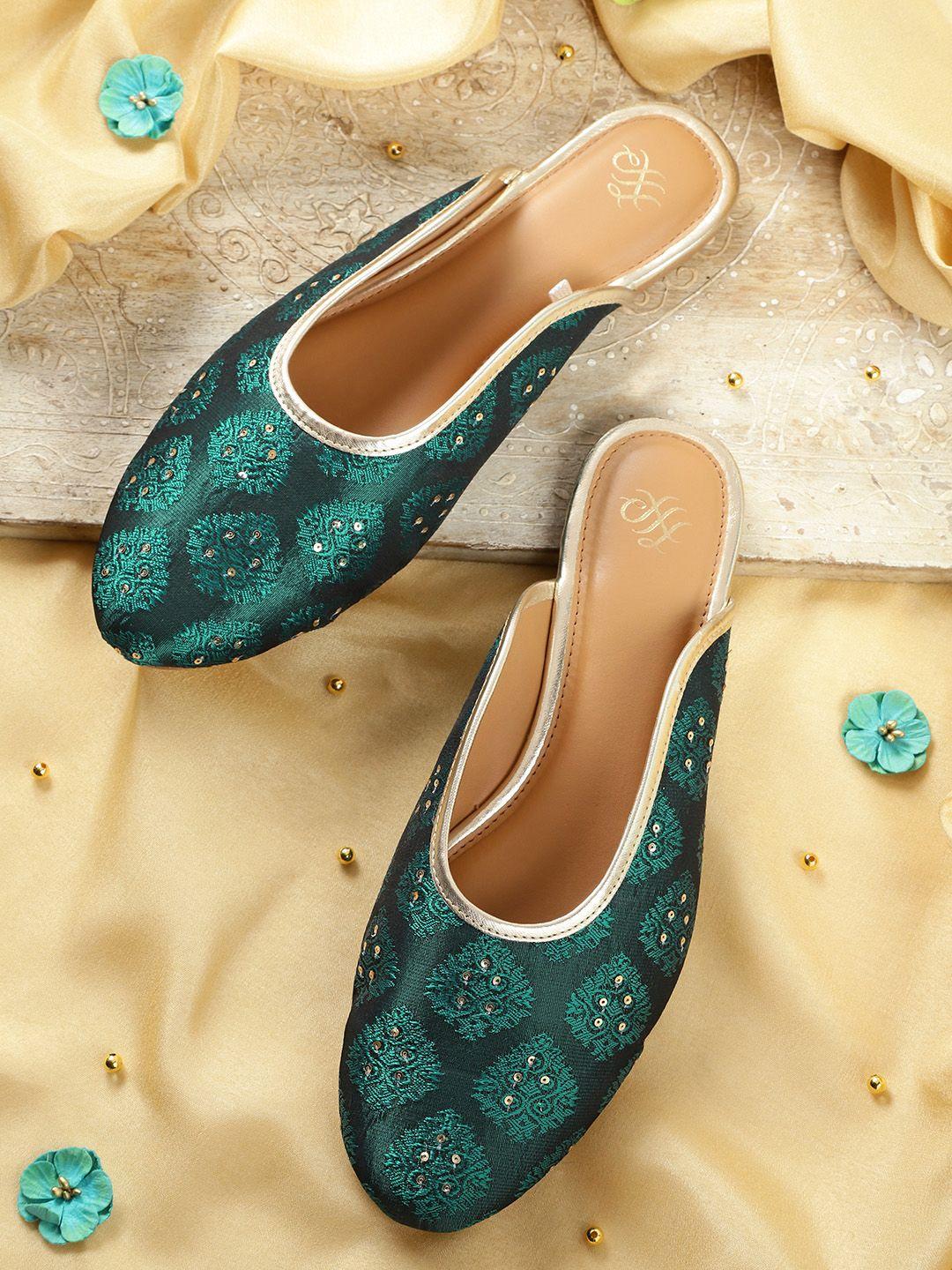 house of pataudi women teal green & gold-toned ethnic embellished handcrafted mules