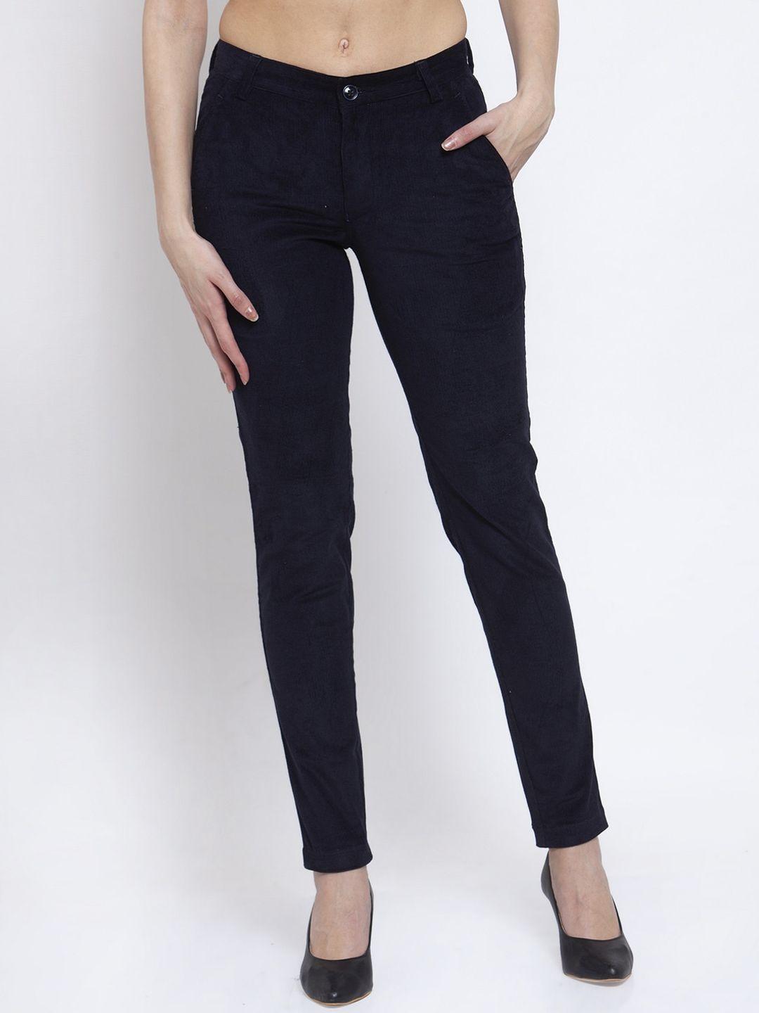 klotthe women navy blue tailored slim fit wrinkle cotton free trousers