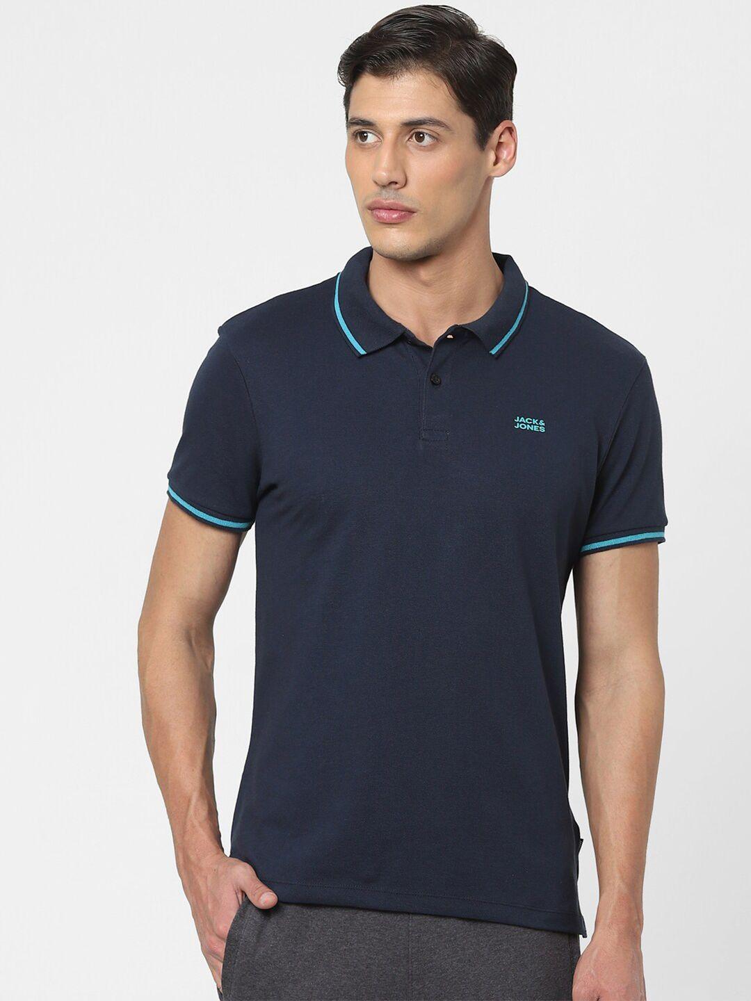 jack & jones men navy blue polo collar cotton lounge t-shirt