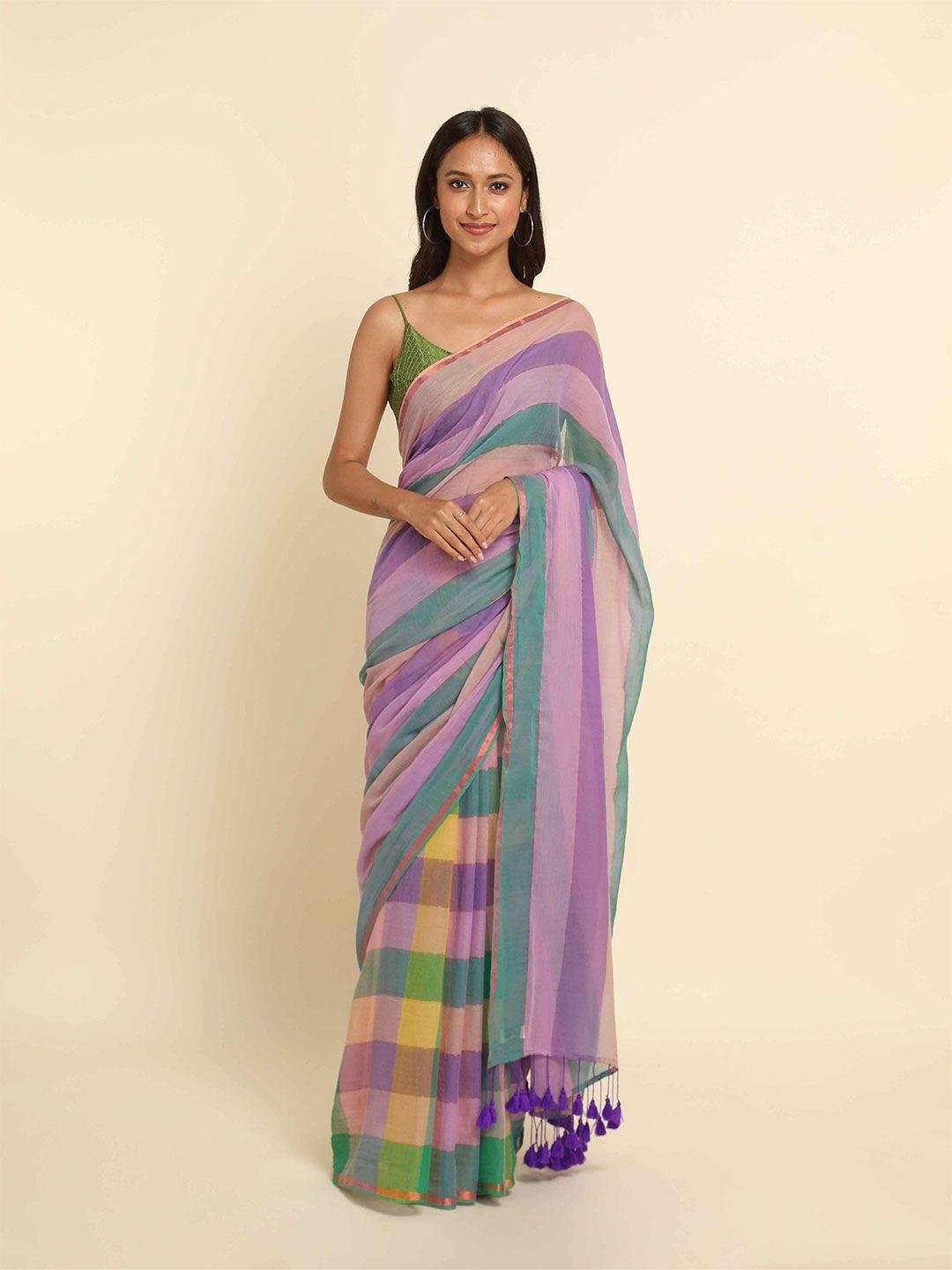 suta violet & green checked cotton blend saree