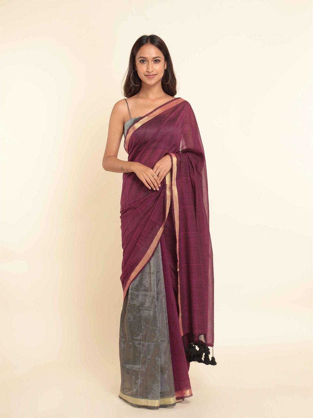 suta purple & grey colourblocked zari saree