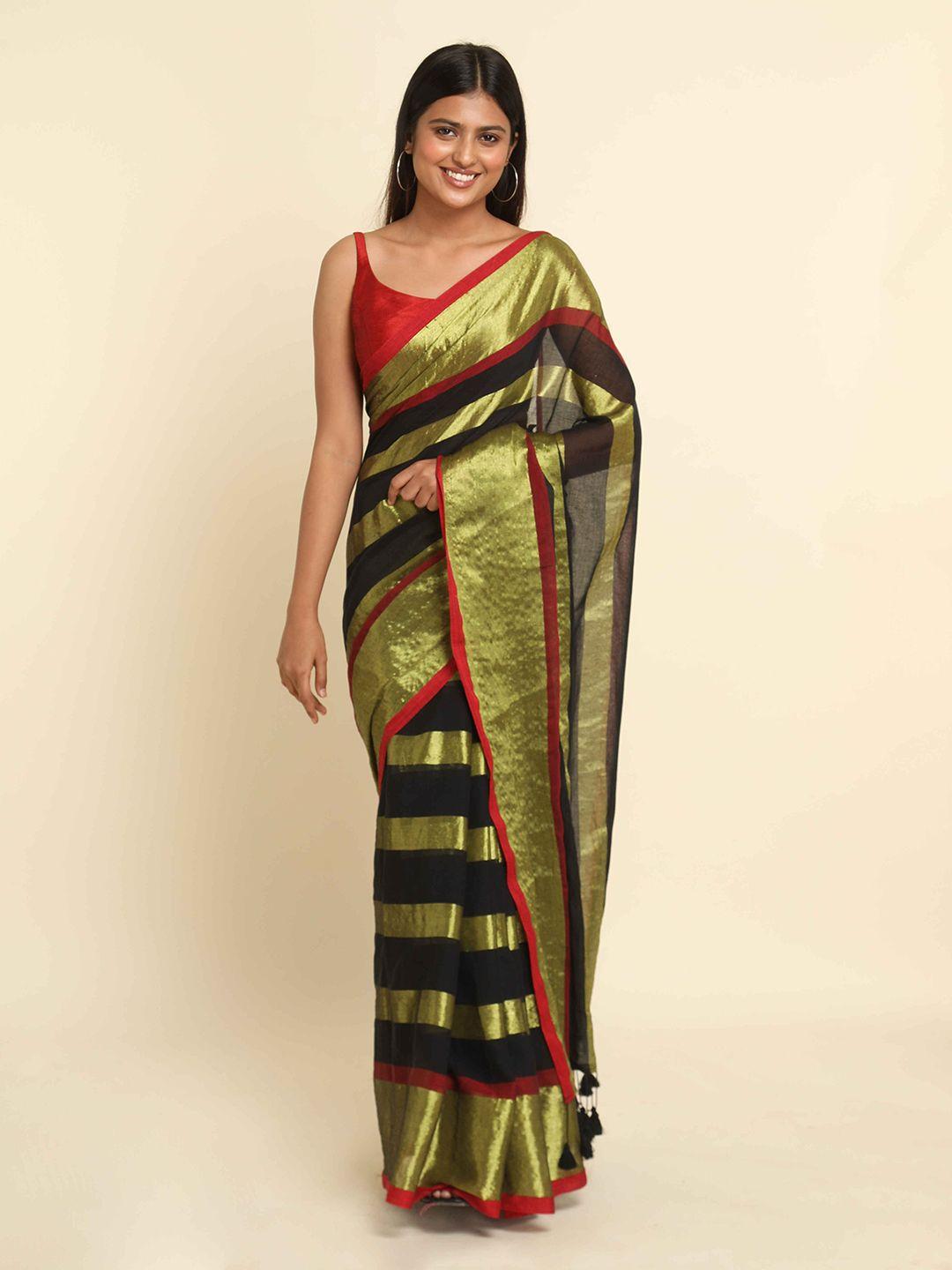 suta black & gold-toned striped zari saree