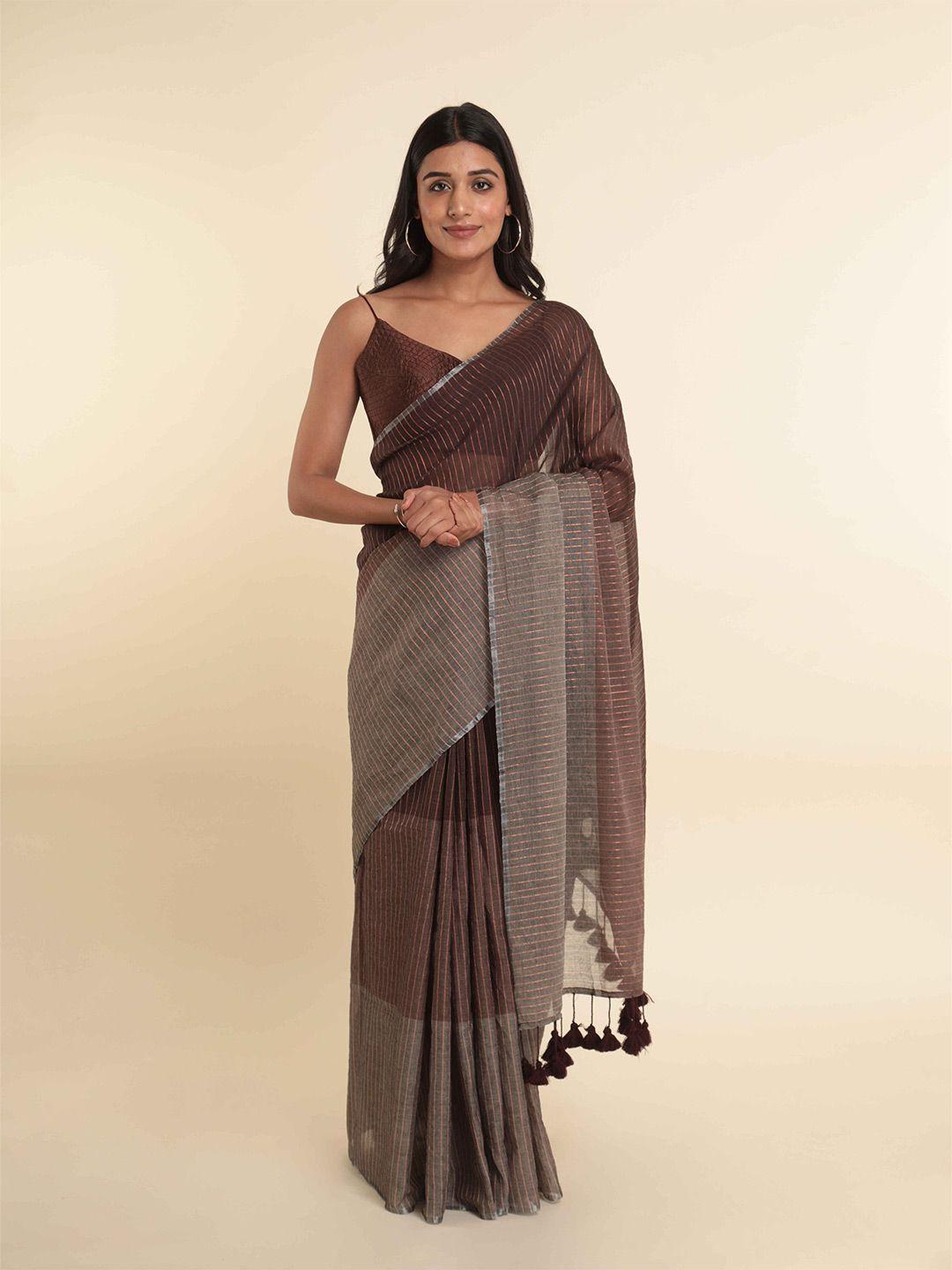 suta brown colourblocked cotton blend saree