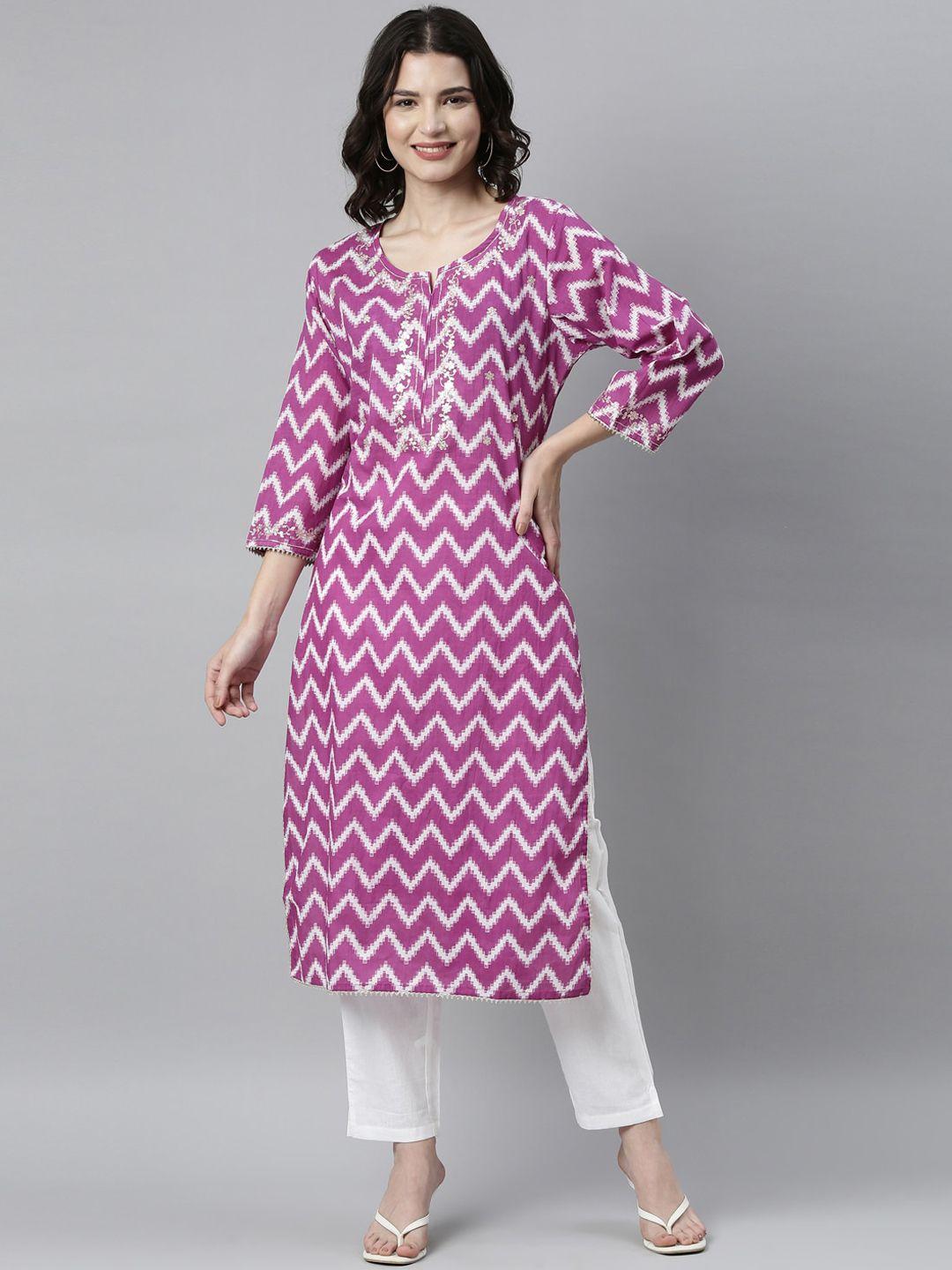 neerus women purple printed thread work kurta with trousers